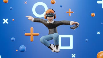 toy gamer with a headset and a controller hanging in midair