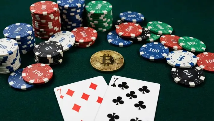a bitcoin on a casino gambling table with casino chips and a pair of 7s 