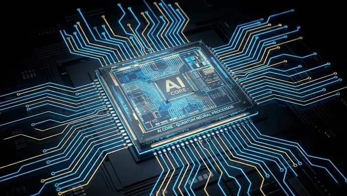 An image of an AI chip with electronic pathways around it.