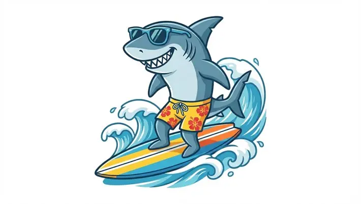 sunglasses-wearing shark on a surfboard