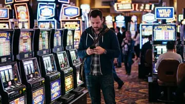 man standing against a background of slot machines looking at his mobile phone
