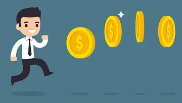 cute cartoon of a man chasing flying coins