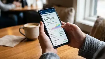 Image of individual on phone accessing financial info  