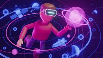 a man wearing VR headset as VR objects float in the surrounding air