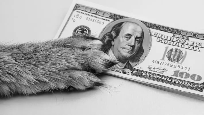 paw next to bundle of 100 dollar bills