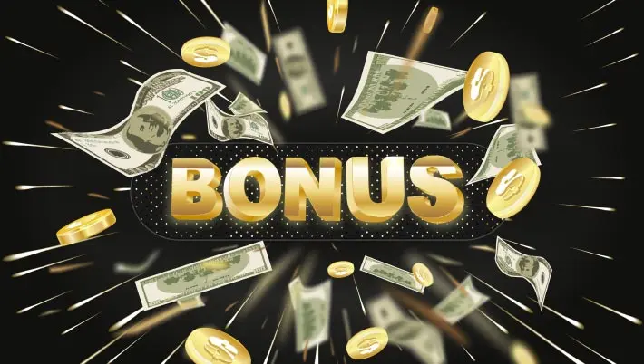 BONUS in golden letters on a dark background with money flying everywhere