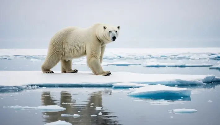 polar bear walking on ice reflecting in the water