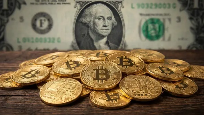 pile of bitcoins on a table with a blurred image of George Washington from a $1 bill looking from behind