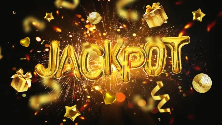 The word Jackpot in golden helium air balloons with prizes and stars floating around.