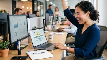 happy woman on a laptop seeing she got a bonus 