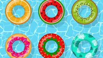 fruit candy rings floating in a pool