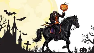 Headless horseman riding on a horse holding a pumpkin on a finger
