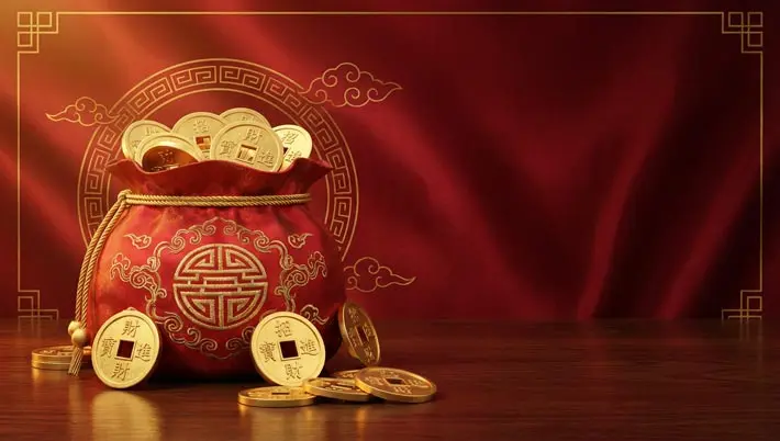 Red pot full of gold coins