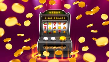 slot machine with gold coins floating around on a purple background
