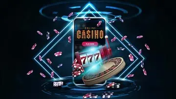phone with "online casino" and chips and roulette table and cards all around