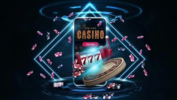 phone with "online casino" and chips and roulette table and cards all around