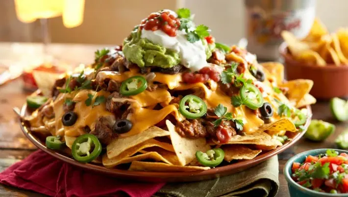 plate piled with nacho chips, vegetables and toppings