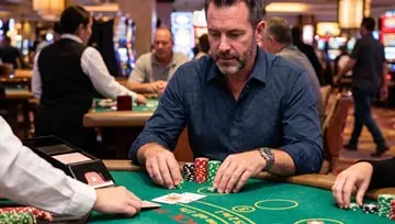 man with cards and chips playing blackjack 