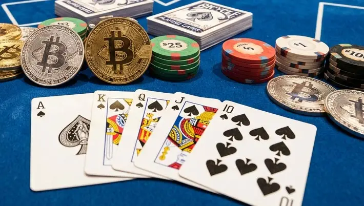 Pièces Bitcoin et cartes à jouer