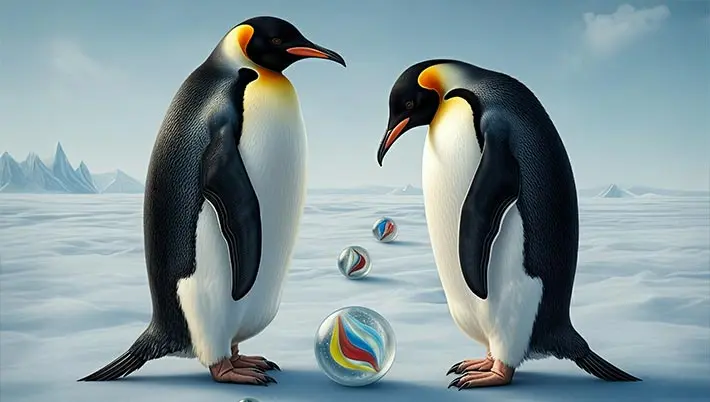 two penguins standing next to colorful balls  