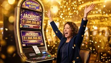 woman looking at a slot machine, celebrating a win