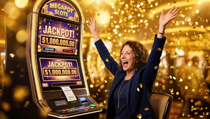 woman looking at a slot machine, celebrating a win