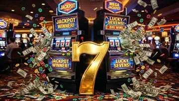 a big gold 7 in front of two slot machines spewing out cash and chips