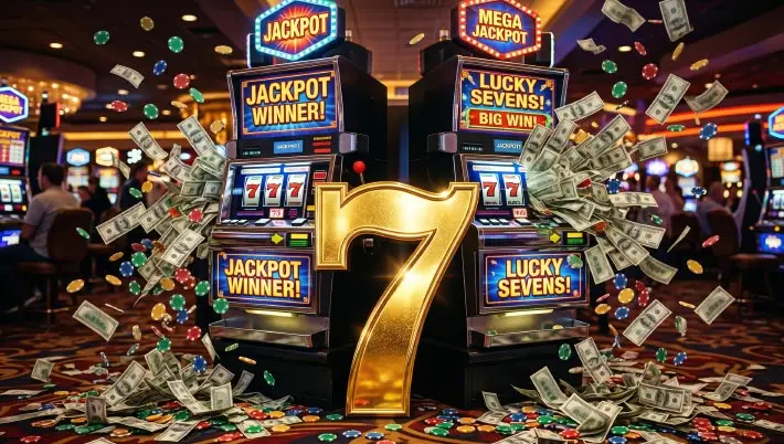 a big gold 7 in front of two slot machines spewing out cash and chips