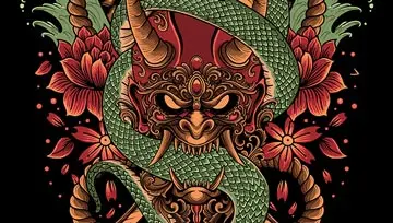 samurai masks with a snake intertwined on a black background 