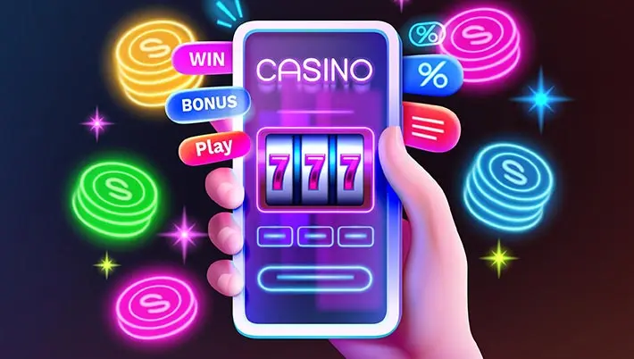 slot machine payline win on a mobile device with neon chips floating around
