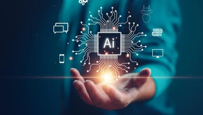 hand stretching out with a futuristic “AI” vector