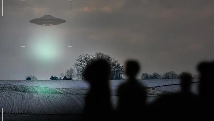 Silhouettes of two people gazing at a shape in the sky