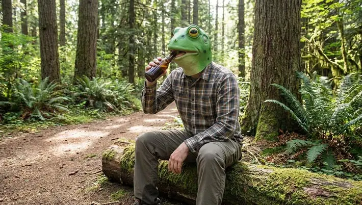 Person with frog mask drinking beer