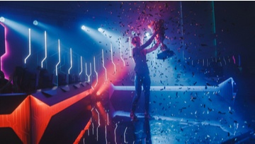 an athlete holding up a trophy in the center of a digital arena/boxing ring