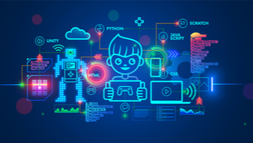 graphic of a boy holding a tablet with all sorts of graphics around about gaming and learning