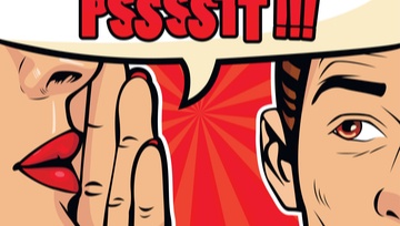 retro cartoon of a woman whispering a secret into a man's ear